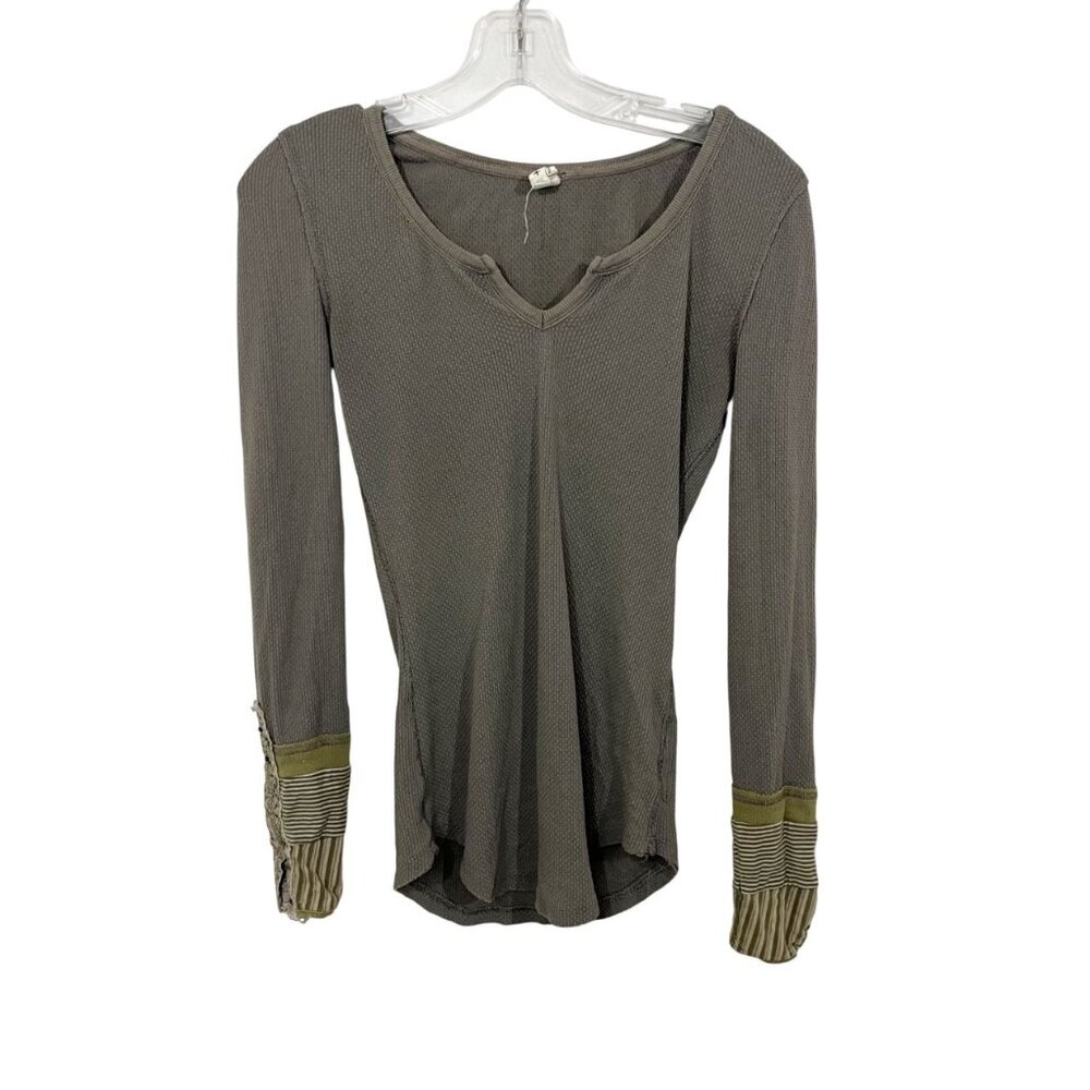 Free People Kyoto Cuff Thermal Long‎ Sleeve Shirt Green V-Neck - Size Small